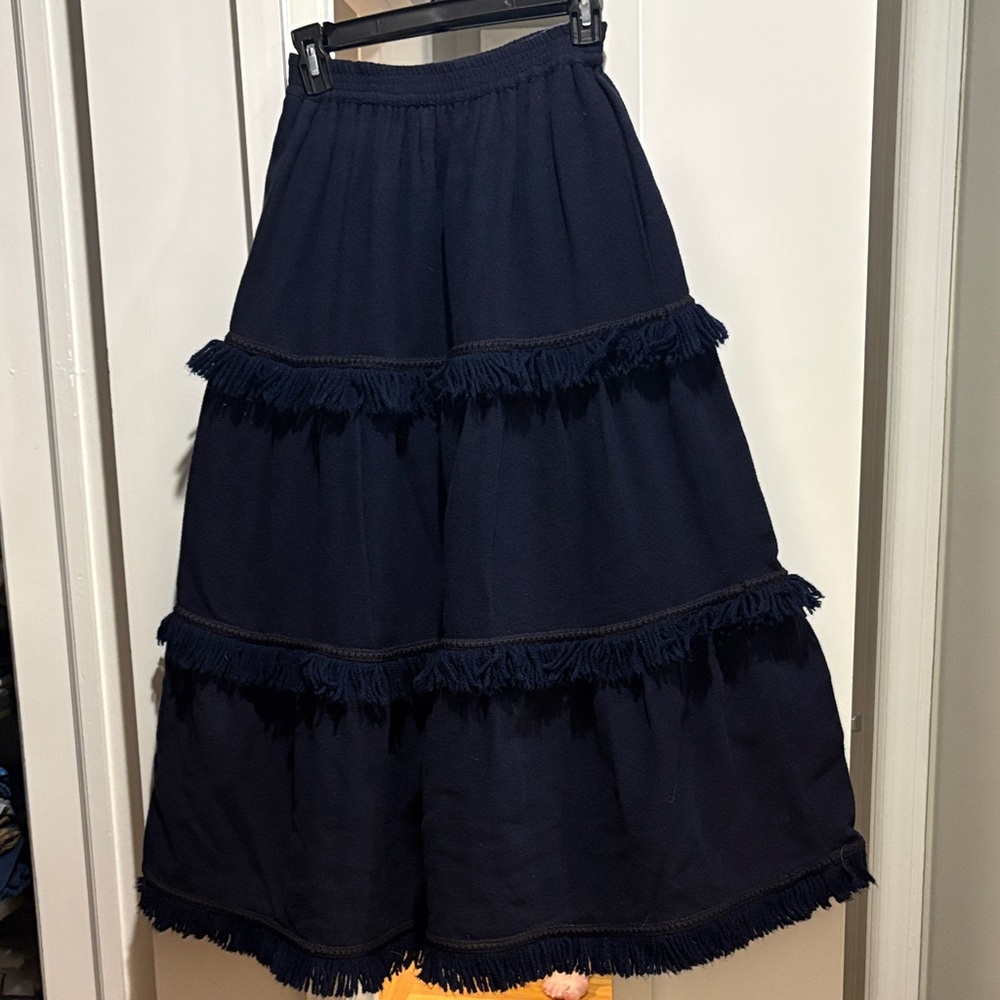 Saint Laurent Paris Vintage Tiered wool Navy Fringe Maxi Skirt - Women